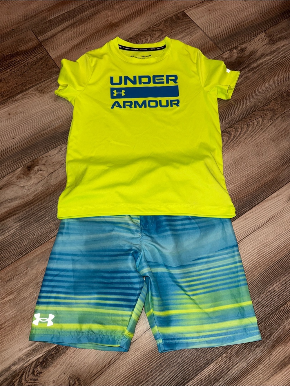 Boys YSM Under Armour Neon Yellow rash guard with Blue-Green swim trunks